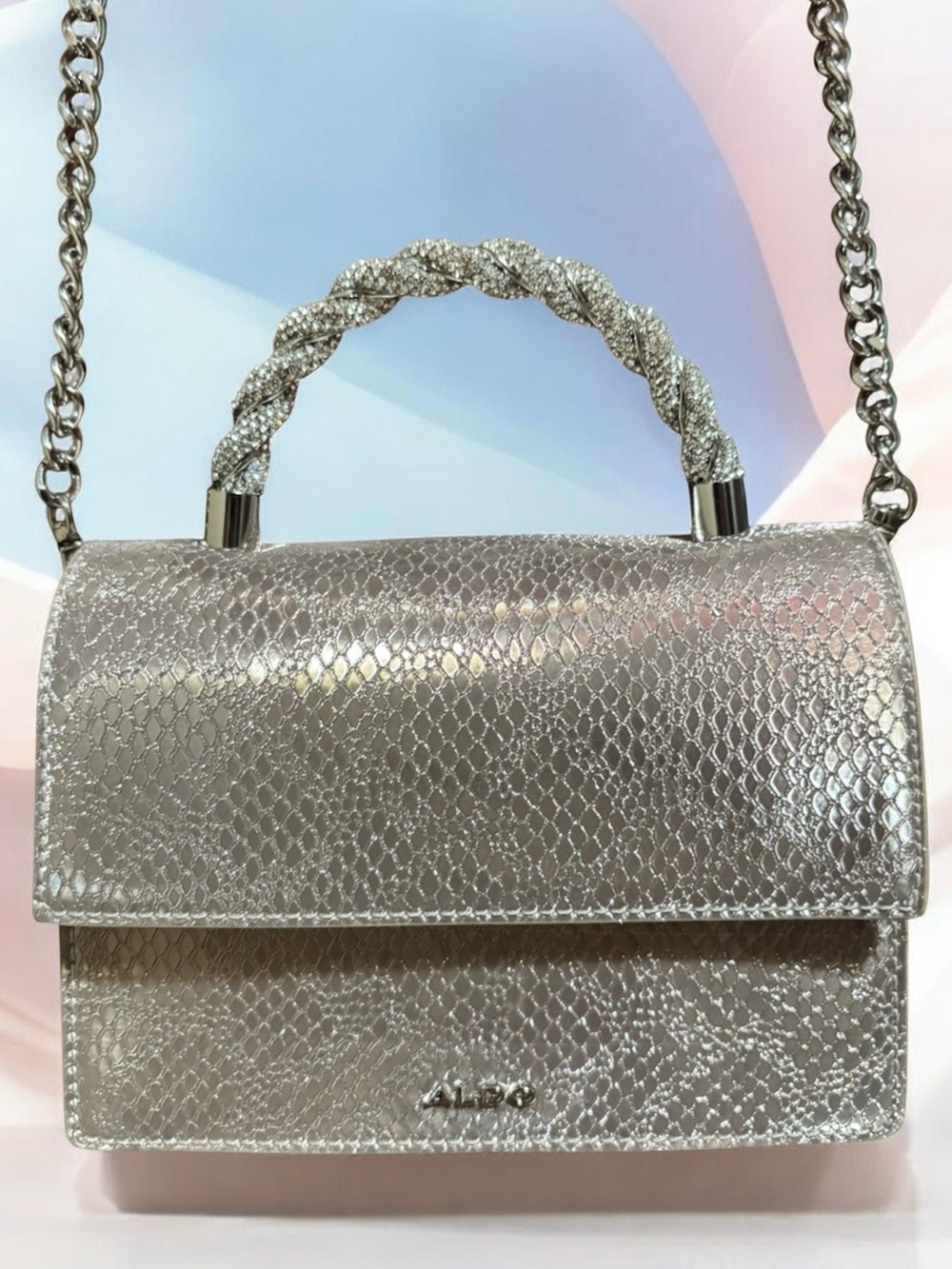 ALDO Metallic Silver Textured Satchel with Braided Top Handle